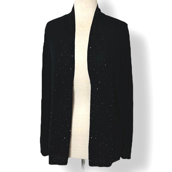 Eileen Fisher Black Semi Sheer Cotton Blend Beaded Open Front Cardigan Sz PL